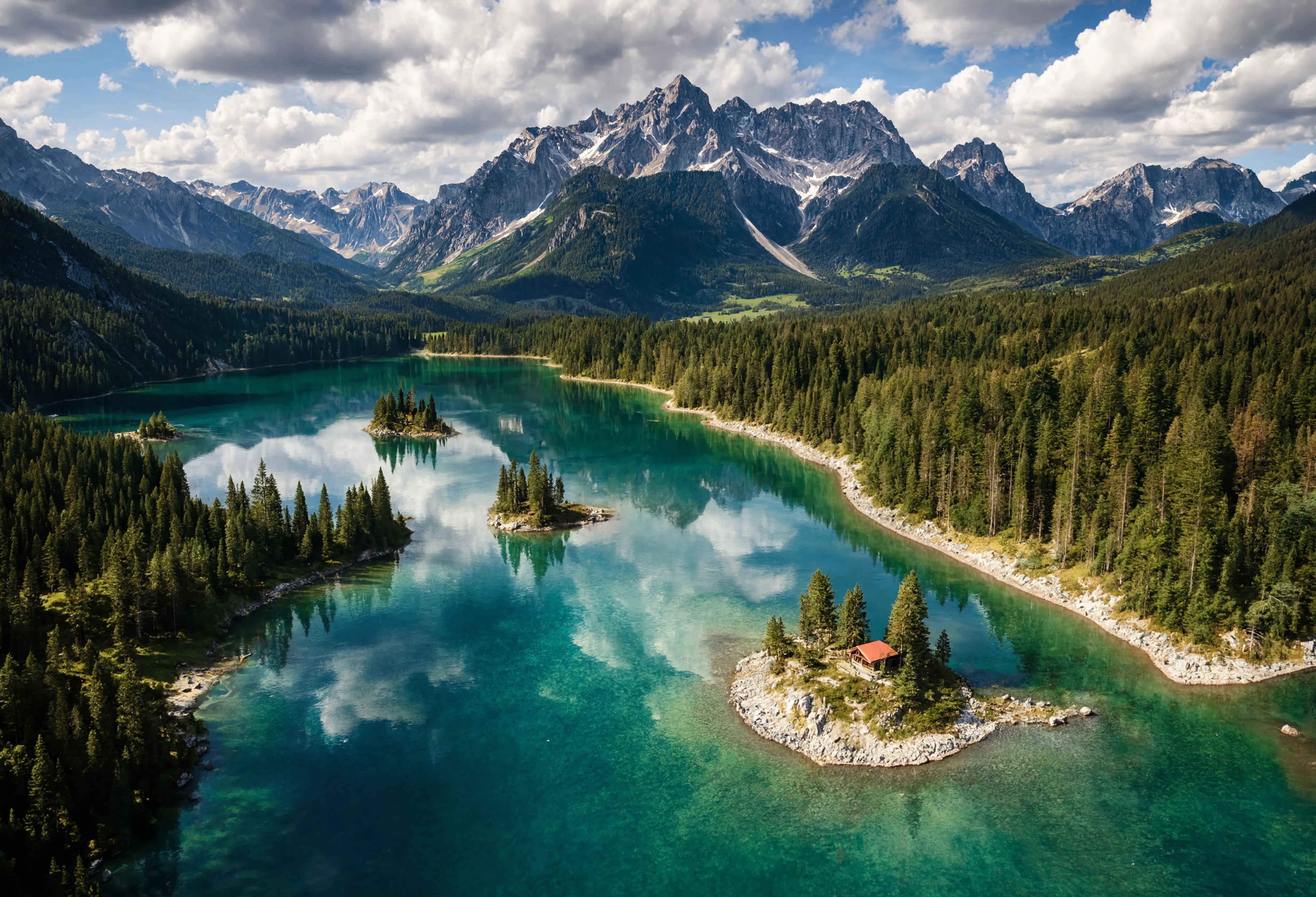 Luftaufnahme des Eibsees mit türkisblauem Wasser und Zugspitze im Hintergrund